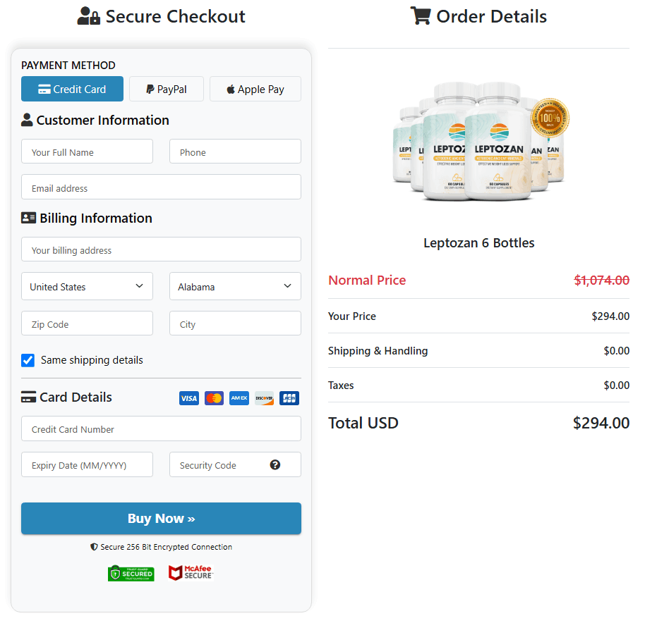 Leptozan Secured Order Page